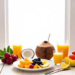 Caribbean Holidays, Dominican Wellness, Healthy Dominican Republic breakfast with fresh tropical fruit, coconut, juice and colourful local ingredients beside a bright window