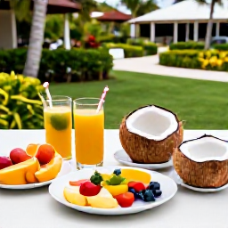 Caribbean Holidays, Dominican Wellness, Healthy Dominican Republic breakfast with tropical fruit, fresh juice, coconut and colourful local ingredients beside a resort garden, realistic travel photography