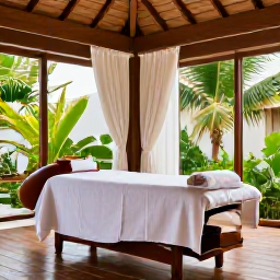 Caribbean Holidays, Dominican Wellness, Luxury Caribbean spa treatment room in the Dominican Republic, natural wood, tropical plants, massage bed, soft daylight, realistic photography