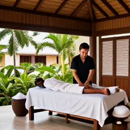 Caribbean Holidays, Dominican Wellness, Luxury Dominican Republic spa with open-air treatment room, tropical greenery, natural wood and a calm guest receiving a massage