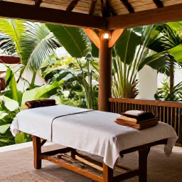 Caribbean Holidays, Dominican Wellness, Open-air Dominican Republic spa setting surrounded by tropical greenery, with massage table, natural wood details and soft daylight