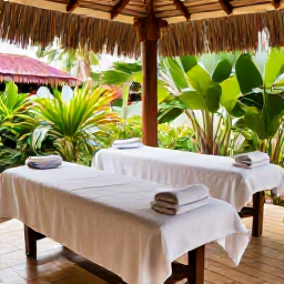 Caribbean Holidays, Dominican Wellness, Open-air Dominican Republic spa surrounded by tropical greenery, treatment beds, towels and natural wooden details