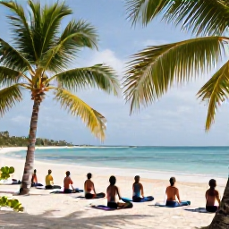 Caribbean Holidays, Dominican Wellness, Open-air yoga session on a quiet Dominican Republic beach, green palms, white sand and calm Caribbean sea in the background