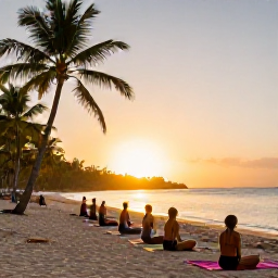 Caribbean Holidays, Dominican Wellness, Outdoor yoga class on a quiet Dominican beach at sunrise, small group on mats, palm trees and gentle golden light