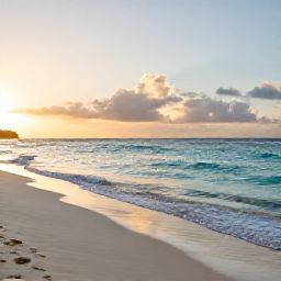 Caribbean Holidays, Dominican Wellness, Peaceful Dominican Republic beach at sunrise in March, calm turquoise sea, soft golden light, secluded white sand, realistic travel photography