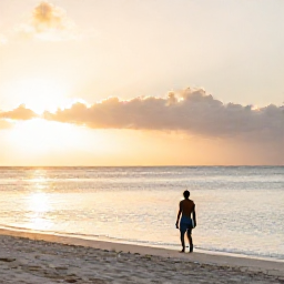 Caribbean Holidays, Dominican Wellness, Peaceful Dominican Republic beach at sunrise in November, soft golden light, calm Caribbean sea and a relaxed traveller walking beside the water