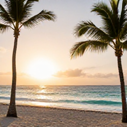 Caribbean Holidays, Dominican Wellness, Peaceful Dominican Republic beach at sunrise, soft golden light, calm turquoise sea, palm trees and a relaxed holiday atmosphere