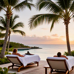 Caribbean Holidays, Dominican Wellness, Peaceful Dominican Republic spa terrace surrounded by palms, with a couple relaxing after treatment and a soft golden evening light