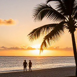 Caribbean Holidays, Dominican Wellness, Peaceful sunset over a Dominican Republic beach with a couple walking near the water, warm golden light and palm silhouettes