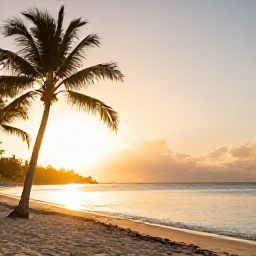 Caribbean Holidays, Dominican Wellness, Quiet Caribbean beach in the Dominican Republic at sunrise, palm trees, soft golden light and a calm sea