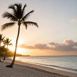 Caribbean Holidays, Dominican Wellness, Quiet Caribbean beach in the Dominican Republic at sunrise, soft golden light, palm trees and a calm sea