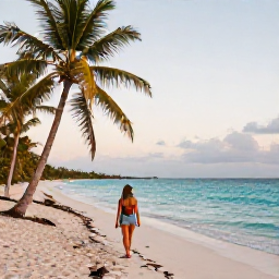 Caribbean Holidays, Dominican Wellness, Quiet Dominican Republic beach walk beside turquoise water in March, traveller walking barefoot at sunset, palm trees and peaceful atmosphere, realistic travel photography