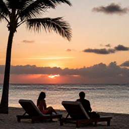 Caribbean Holidays, Dominican Wellness, Quiet Dominican Republic sunset beach with a couple sitting on comfortable loungers, warm sky, palm silhouettes and calm waves