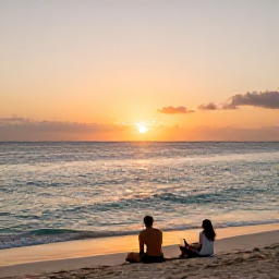 Caribbean Holidays, Dominican Wellness, Quiet sunset over a Dominican Republic beach with a couple relaxing near the shoreline, warm colours and calm Caribbean water