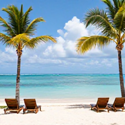 Caribbean Holidays, Dominican Wellness, Quiet tropical beach in the Dominican Republic with calm turquoise water, soft white sand, palm trees and comfortable sun loungers