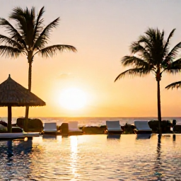 Caribbean Holidays, Dominican Wellness, Relaxed Dominican Republic resort pool at sunset with comfortable loungers, palm trees and warm evening light
