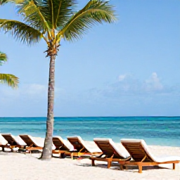Caribbean Holidays, Dominican Wellness, Relaxing beachfront wellness scene at a Dominican Republic resort in December, palm trees, calm turquoise sea and comfortable sun loungers