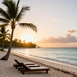 Caribbean Holidays, Dominican Wellness, Relaxing tropical beach in the Dominican Republic at sunrise, calm turquoise water, soft sand, palm trees and a peaceful wellness atmosphere