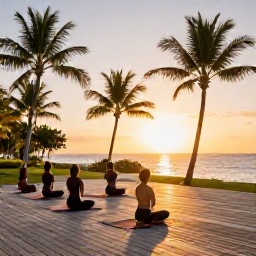 Caribbean Holidays, Dominican Wellness, Small group yoga class at sunrise on a wooden deck overlooking palm trees and the sea in the Dominican Republic