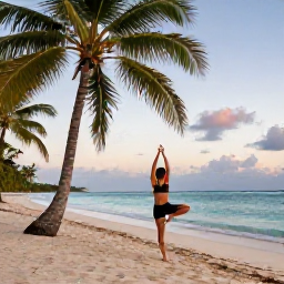 Caribbean Holidays, Dominican Wellness, Traveller practising yoga on a quiet Dominican Republic beach beside palm trees, turquoise water and soft morning light