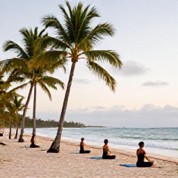 Caribbean Holidays, Dominican Wellness, Travellers practising yoga on a quiet beach in Punta Cana, Dominican Republic, with palm trees and gentle morning light