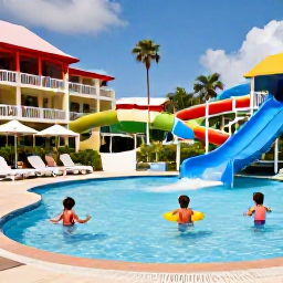 Caribbean Holidays, Family Caribbean Holidays, A colourful family-friendly Caribbean resort pool with a shallow children&rsquo;s area, small waterslides, sun loungers and parents watching happy children play