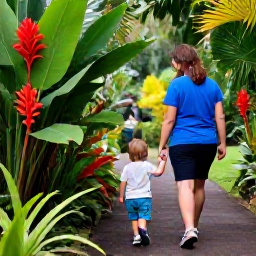 Caribbean Holidays, Family Caribbean Holidays, A family exploring a lush Caribbean botanical garden with colourful tropical flowers, broad leaves, a paved path and a small child holding a parent&rsquo;s hand