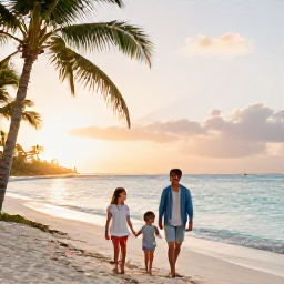 Caribbean Holidays, Family Caribbean Holidays, A happy family walking along a palm-fringed Caribbean beach at sunset, with calm turquoise water and soft golden light