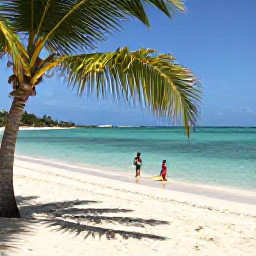 Caribbean Holidays, Family Caribbean Holidays, A relaxed Caribbean beach with calm shallow turquoise water, soft white sand, shade from palm trees, and a family with young children paddling safely near the shore
