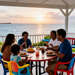 Caribbean Holidays, Family Caribbean Holidays, A welcoming Caribbean family restaurant at sunset with high chairs, simple local dishes, colourful table settings and parents dining with young children