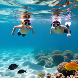 Caribbean Holidays, Family Caribbean Holidays, Children and parents snorkelling in clear Caribbean water above colourful fish and a shallow coral reef