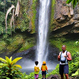 Caribbean Holidays, Family Caribbean Holidays, Family exploring a lush Caribbean rainforest beside a waterfall, with a friendly local guide and tropical plants