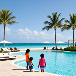 Caribbean Holidays, Family Caribbean Holidays, Family relaxing beside a family-friendly Caribbean resort pool with palm trees, sun loungers and a view of the sea