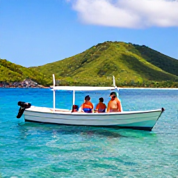 Caribbean Holidays, Family Holidays, A family boarding a small boat between tropical islands, with green hills, blue sea and bright Caribbean sky