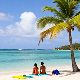 Caribbean Holidays, Family Holidays, A family enjoying a calm turquoise beach with palm trees, colourful beach towels and gentle sunshine in the U.S. Virgin Islands