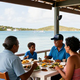 Caribbean Holidays, Family Holidays, A family enjoying an outdoor Caribbean meal at a relaxed waterfront restaurant in the British Virgin Islands