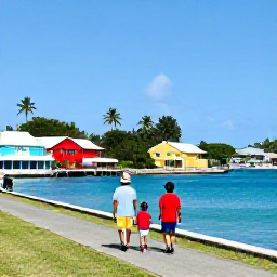 Caribbean Holidays, Family Holidays, A family exploring a colourful harbour and walking through a quiet tropical village on Tortola in the British Virgin Islands