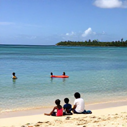 Caribbean Holidays, Family Holidays, A family relaxing on a calm golden beach in Saint Kitts, children paddling in clear shallow water with Nevis visible across the bay