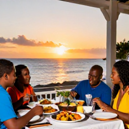 Caribbean Holidays, Family Holidays, A family sharing a relaxed outdoor meal at a Caribbean restaurant in Saint Kitts, with colourful local dishes and a sunset sea view