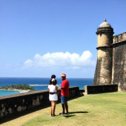 Caribbean Holidays, Family Holidays, A family visiting the historic Brimstone Hill Fortress on Saint Kitts beneath a bright blue sky, with panoramic sea views