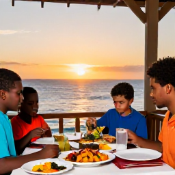 Caribbean Holidays, Family Holidays, A relaxed family meal at an outdoor Caribbean restaurant, with colourful local dishes and a sunset over the sea