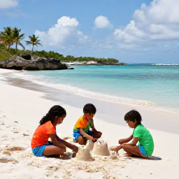 Caribbean Holidays, Family Holidays, A relaxed family scene on Grace Bay Beach, Turks and Caicos, with children building sandcastles, calm turquoise water and palm trees