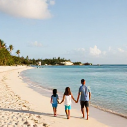 Caribbean Holidays, Family Holidays, A welcoming family relaxing on a beautiful British Virgin Islands beach with calm turquoise water and palm trees