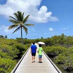 Caribbean Holidays, Family Holidays, Family exploring the nature and wildlife of Turks and Caicos, with a boardwalk through mangroves and tropical coastal scenery