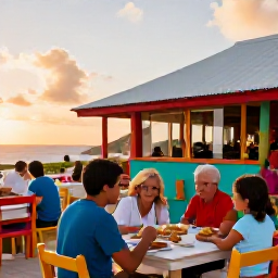 Caribbean Holidays, Family Holidays, Family sharing a relaxed outdoor meal at a colourful Caribbean restaurant at sunset