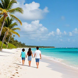 Caribbean Holidays, Family Holidays, Happy family walking along a bright Caribbean beach with turquoise sea, palm trees and soft white sand