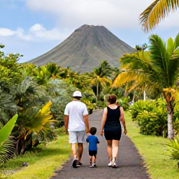 Caribbean Holidays, Family Holidays, Parents and children exploring a lush tropical nature trail on Saint Kitts, with volcanic hills, palm trees and colourful birds