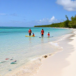 Caribbean Holidays, Family Holidays, Parents and children paddling in shallow clear water on a sandy Caribbean beach, with colourful fish visible near the shore