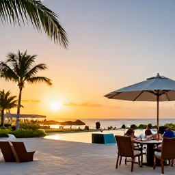 Caribbean Holidays, Family Holidays, Welcoming family-friendly resort in Turks and Caicos at sunset, with spacious pool area, comfortable rooms and families dining outdoors