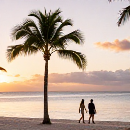 Caribbean Holidays, February Adults-Only Aruba, Couple walking along Palm Beach in Aruba at sunset, with calm sea, soft golden light and palm trees